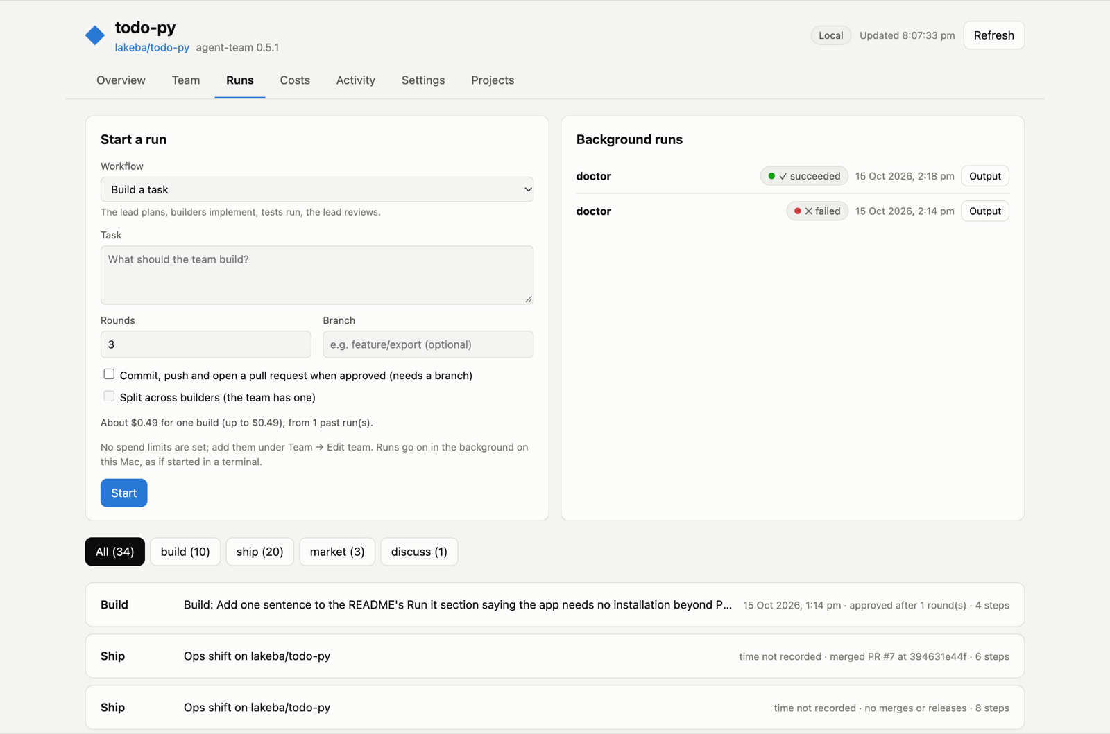 The dashboard's runs page