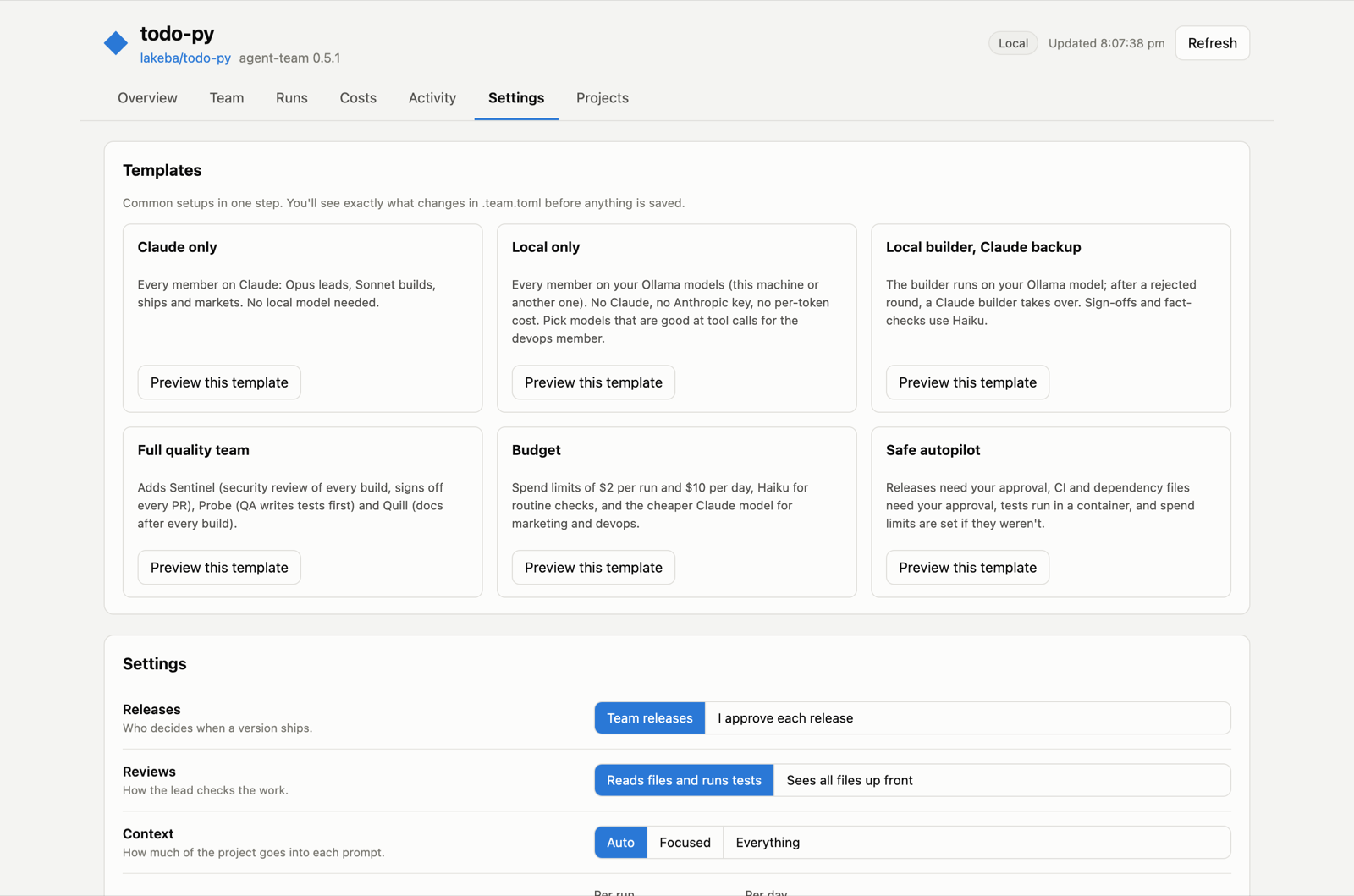 The dashboard's settings and templates